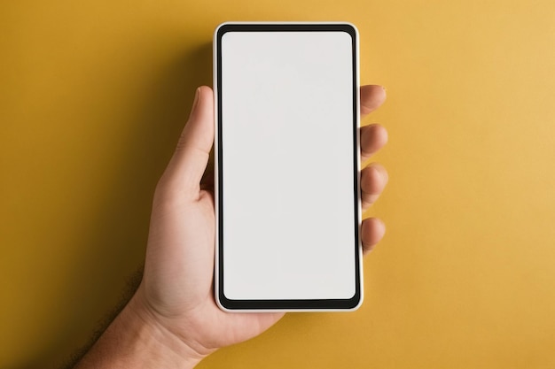 Hand holding mobile phone and blank screen for mockup template with orange background