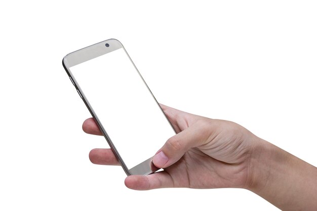 hand holding mobile smart phone isolated on white backgroundclipping path