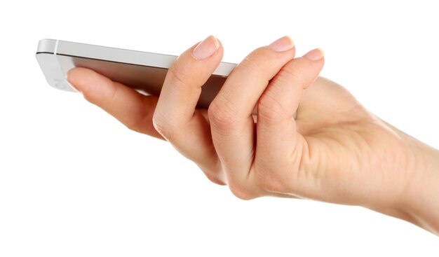 Рука держит мобильный смартфон, изолированные на белом фоне