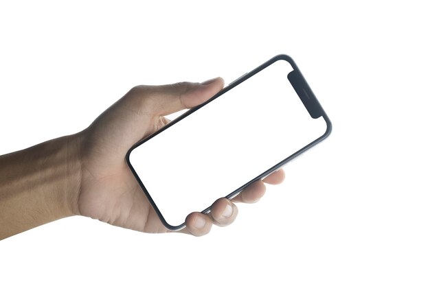 Рука держит мобильный смартфон на белом фоне технологии Дизайн макета экрана мобильного телефона на изоляции с обтравочным контуром