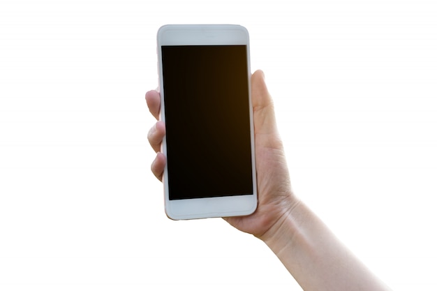 Hand holding mobile smart phone on white background