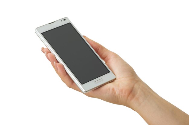 Hand holding mobile smart phone with blank screen