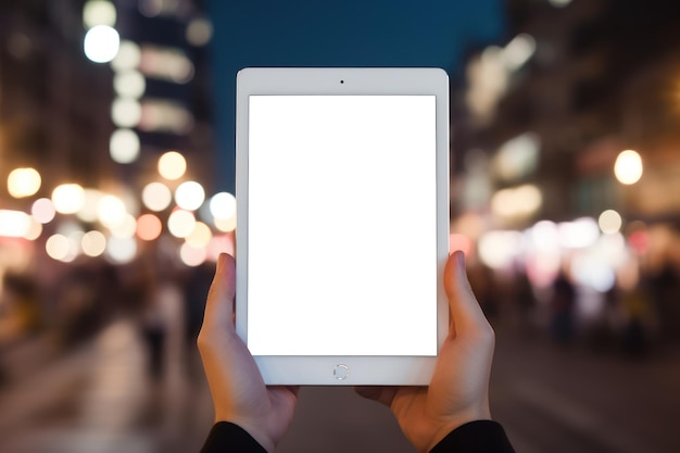 タブレットの空の画面モックアップを持っている手生成 AI