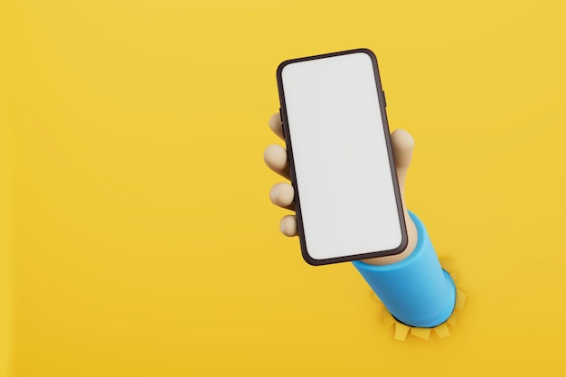 Foto mano che tiene smartphone mockup su sfondo giallo 3d renderxa