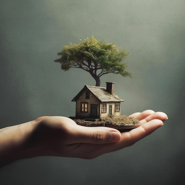 A hand holding a model house with a tree on the top of it