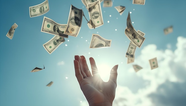 hand holding money with money falling from the sky Generative AI