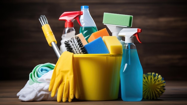 Hand holding a mop with cleaning products