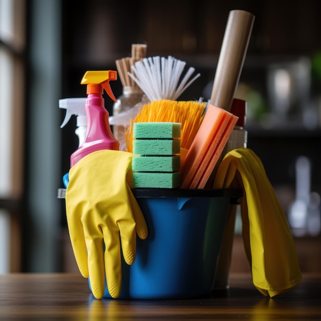 Hand holding a mop with cleaning products