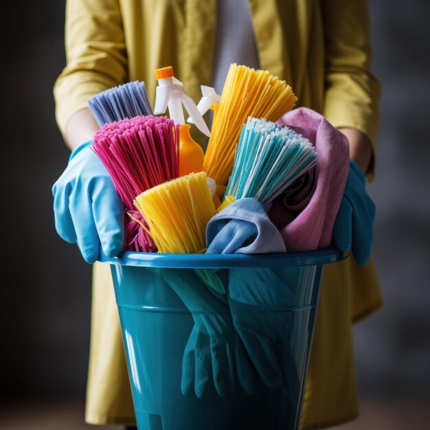 Photo hand holding a mop with cleaning products