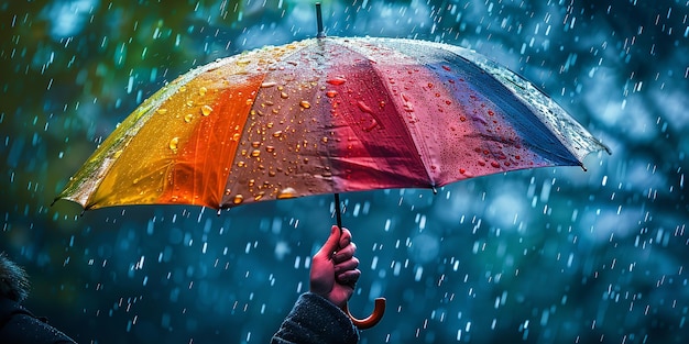 어두운 환경과 텍스트 또는 제품에 대한 큰 공간을 가진 비가 오는 하늘 아래 다채로운 우산을 들고 있는 손