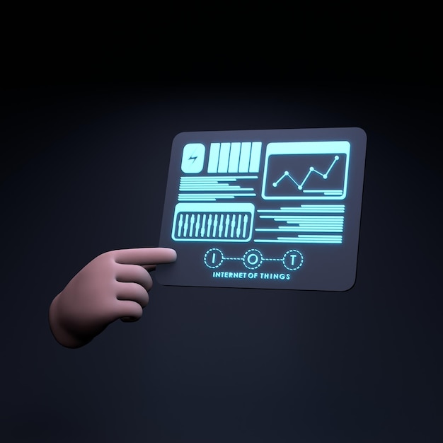 Hand holding neon IoT logo Internet of thing concept 3d render illustration