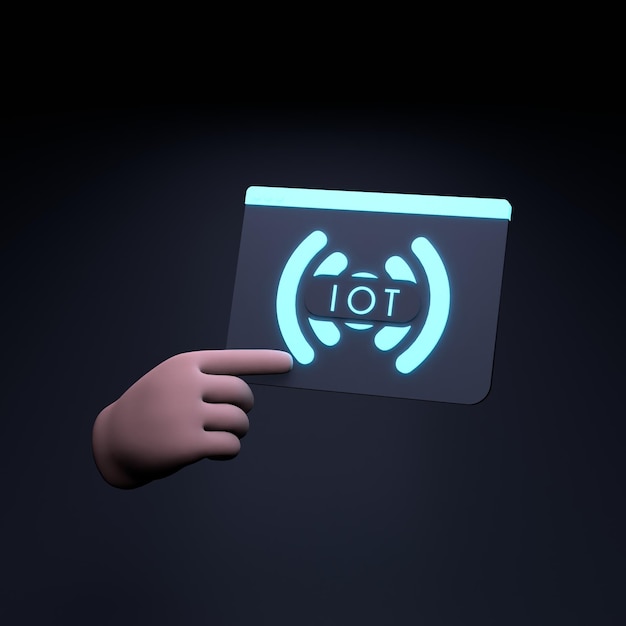 Рука держит неоновый логотип IoT Концепция Интернета вещей 3d визуализация иллюстрации