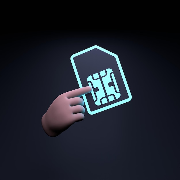 Hand holding neon sim card icon 3d render illustration