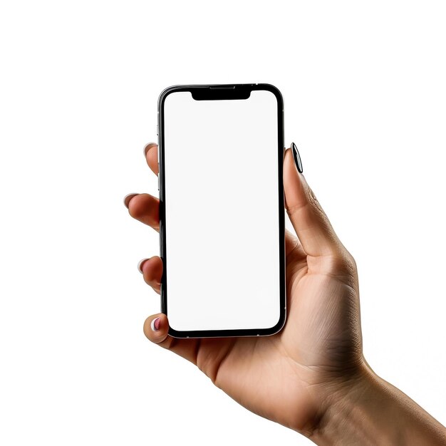 Hand holding a new smartphone on a white background