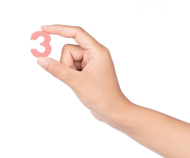 hand holding number made from EVA foam isolated on white background