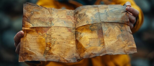 Foto la mano che tiene una vecchia mappa che mostra l'avventura