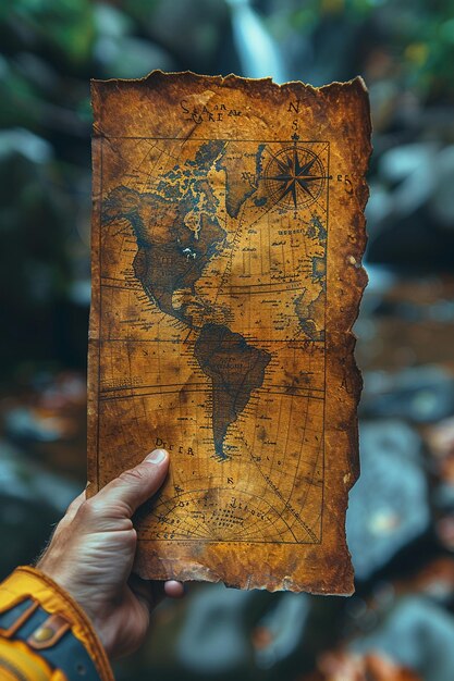 Hand holding an old map showcasing adventure