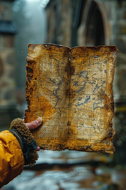 Foto la mano che tiene una vecchia mappa che mostra l'avventura