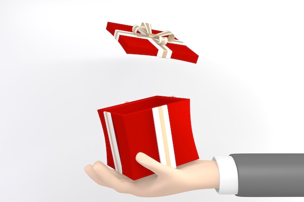 Photo hand holding an open red gift box on white background.3d rendering