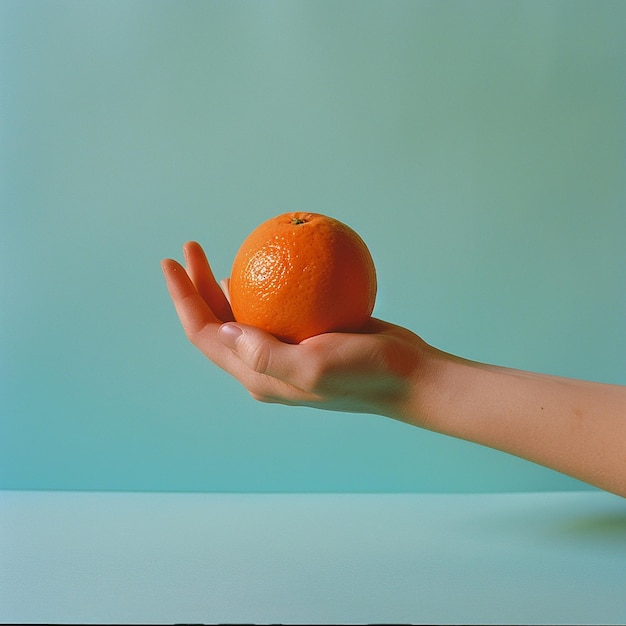 a hand holding an orange that sayston it