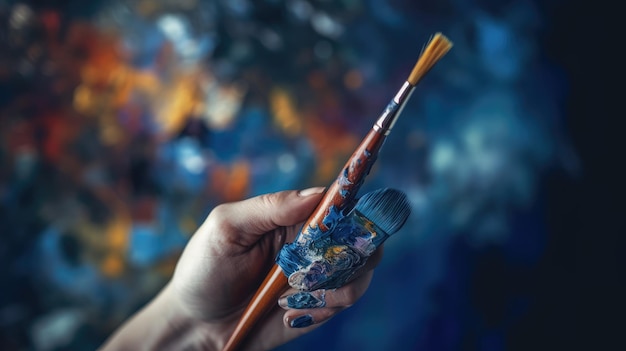 A hand holding a paint brush with a paint brush in the background