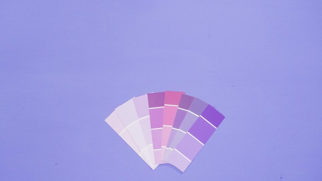 Hand holding paint swatches with shades of violet colors.