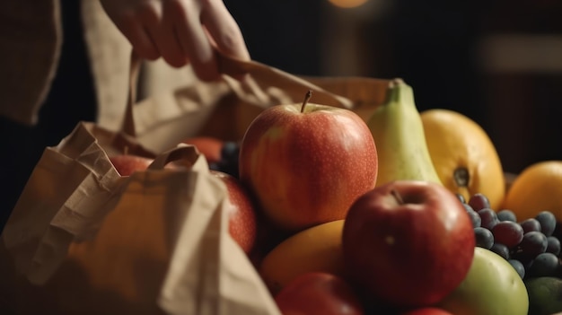 A hand holding a paper bag of fruit