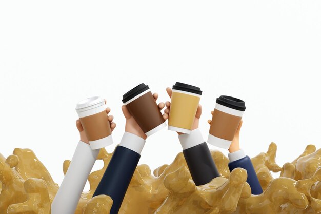 Photo hand holding paper coffee cup with blank labels over coffee liquid splash 3d rendering