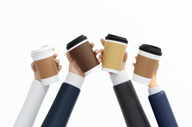 Photo hand holding paper coffee cup with blank labels mock up for add logo 3d rendering