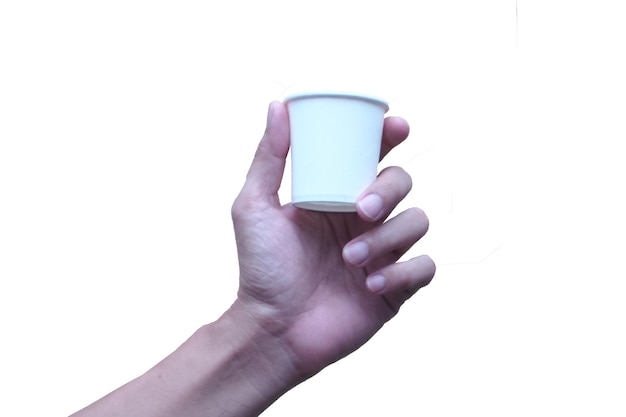 Hand  holding a paper cup of coffee Food delivery concept idea with clipping path isolate on white background.