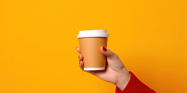 Hand holding a paper cup of coffee on a yellow background