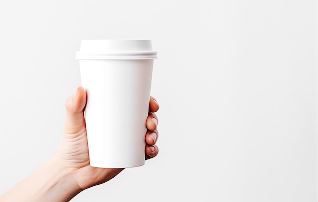 Photo hand holding paper cup of drink on white background coffee to go