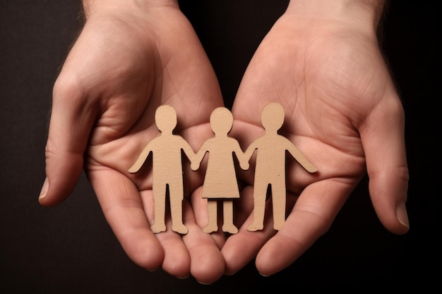 Photo hand holding paper figures happy family bond concept children health insurance together parents care