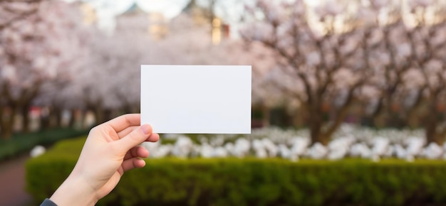 Photo hand holding paper mock up on garden background created with artificial intelligent