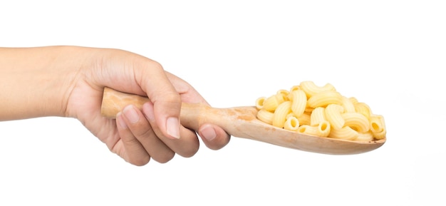 hand holding pasta spaghetti in a ladle isolated on white background