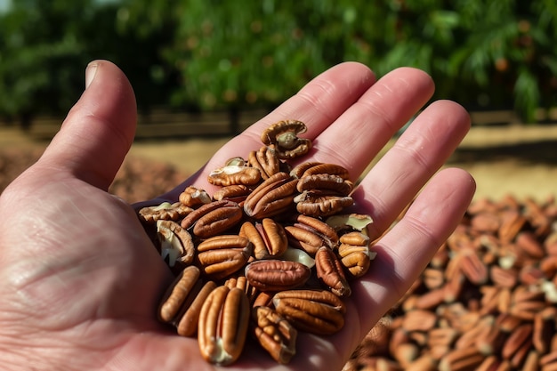 Hand holding pecans with orchard in background