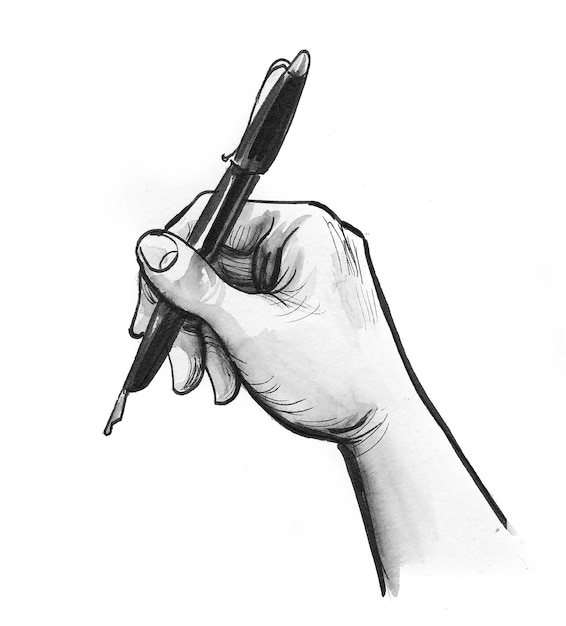 Photo hand holding a pen. ink black and white drawing