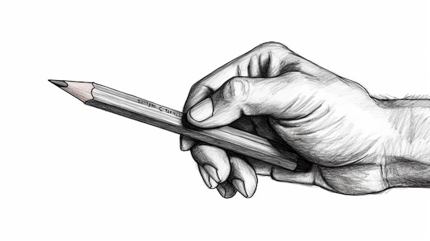 Hand holding pencil on isolated white background drawing style