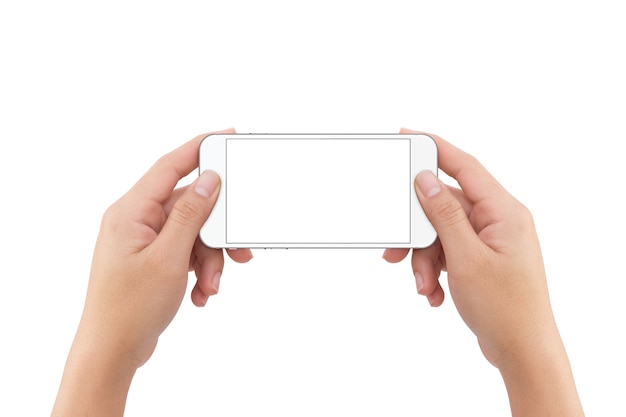 hand holding phone blank screen isolated white background with clipping path inside