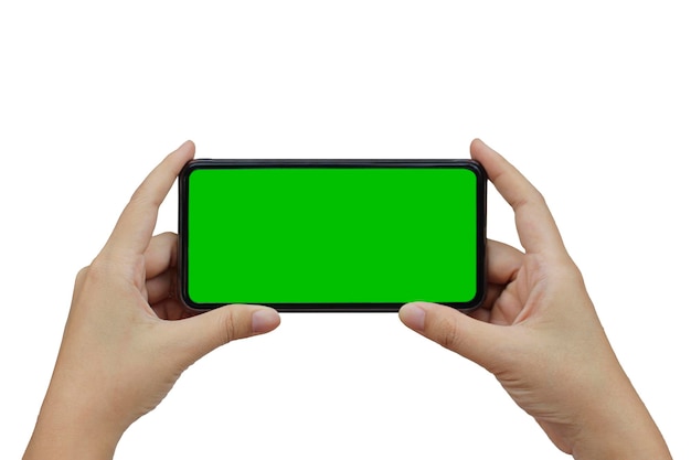 hand holding phone mobile green screen isolated on white background