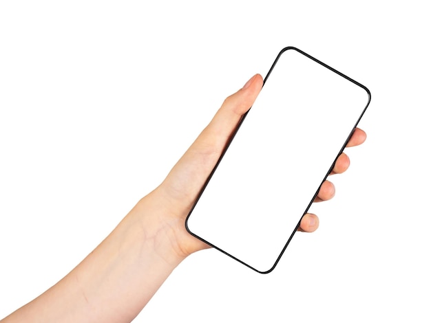 Рука держит макет телефона в повернутом положении на белом фоне шаблон телефона с пустым экраном