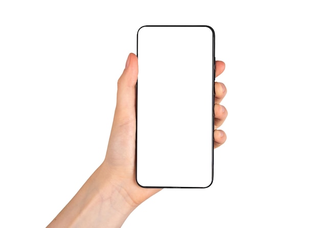 Mano che tiene il telefono mockup isolato su sfondo bianco modello di smartphone