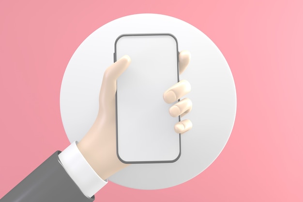 Hand holding the phone to reveal a blank white screen on white pink background. 3D rendering