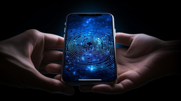 hand holding a phone scanning fingerprints to send information documents goals ideas society people