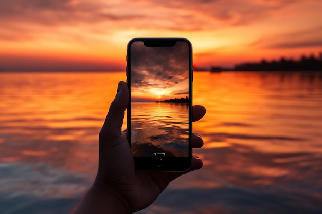 Of a hand holding phone sunset background