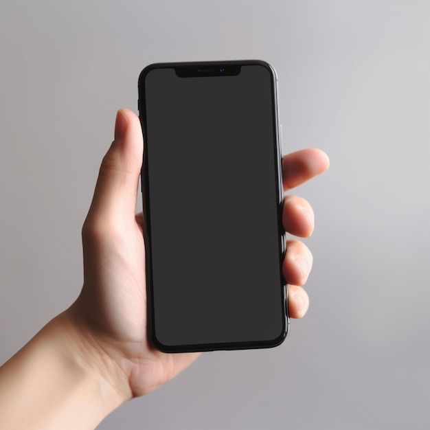 A hand holding a phone with a black screen that says the phone is a blank screen.