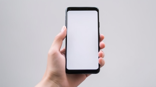 A hand holding a phone with a blank screen phone mockup concept