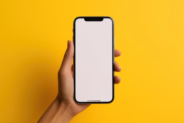 A hand holding a phone with a blank screen for your designs mockup