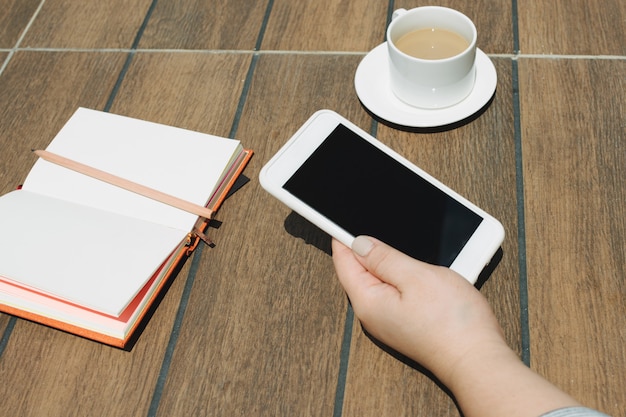 Hand holding phone with blank screen