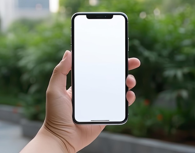 A hand holding a phone with a blank screen